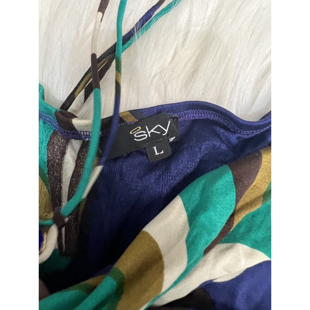 Sky Silk Halter Top Blue Jewel Accents Resort Night Club Multicolor Swirl L - Picture 9 of 10